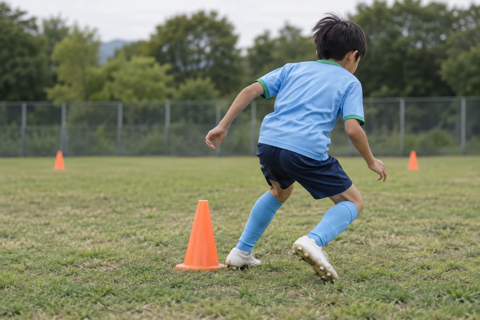 芝生のコーンを目印に切り返しを行う小学生選手