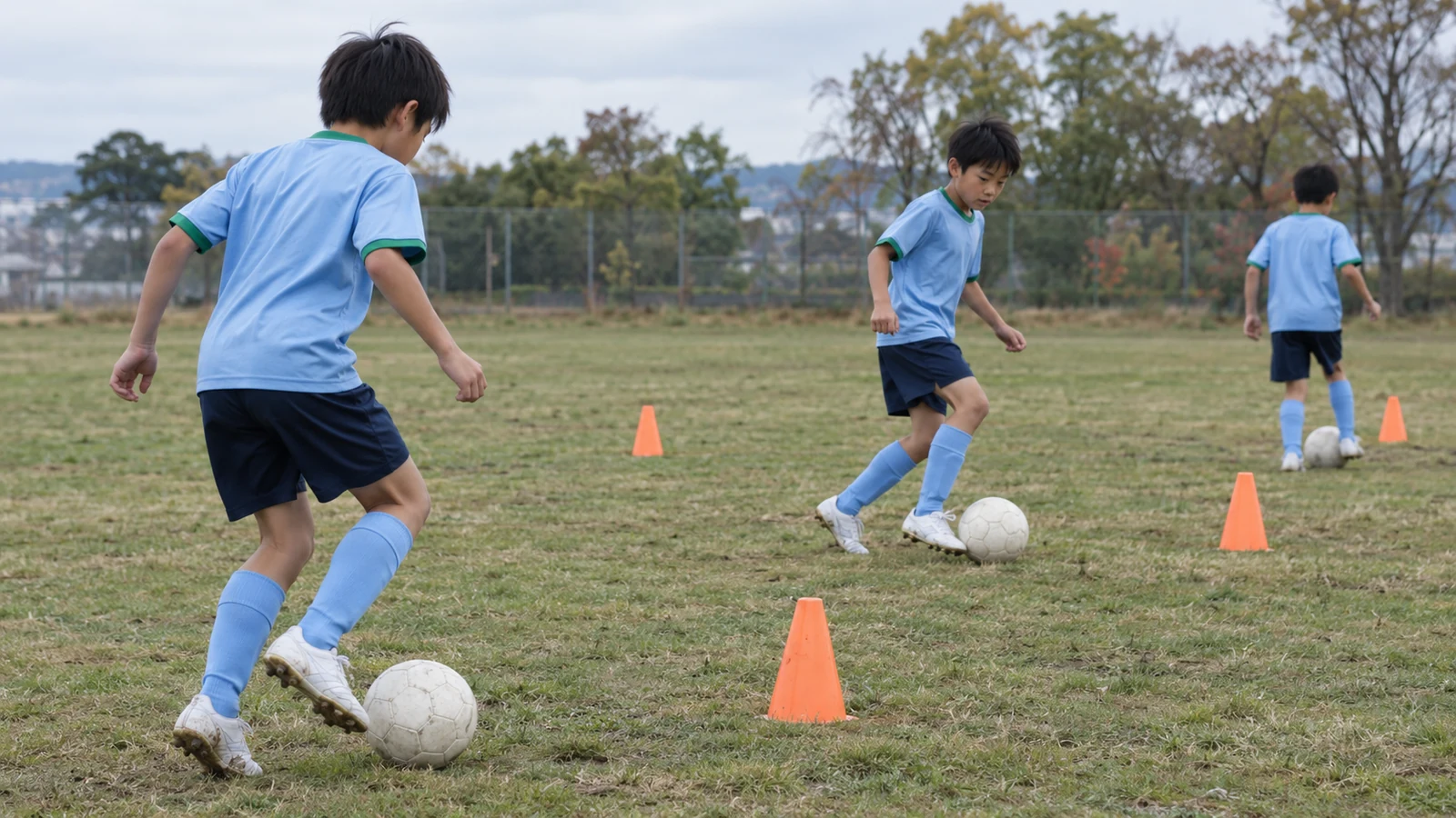 ボールとコーンを使って方向転換を練習する小学生サッカー選手