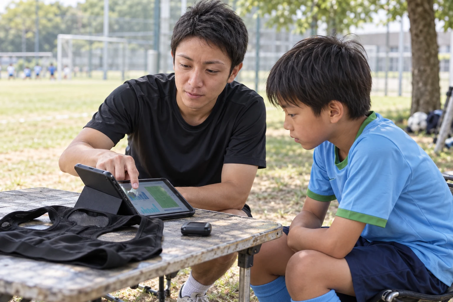 黒いシャツのコーチと選手がタブレットのサンプルグラフを確認するイメージ