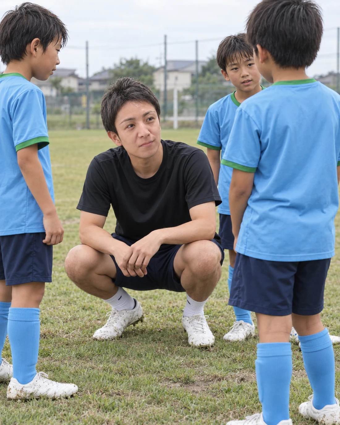 黒いシャツのコーチを囲んで話を聞く少人数の小学生選手